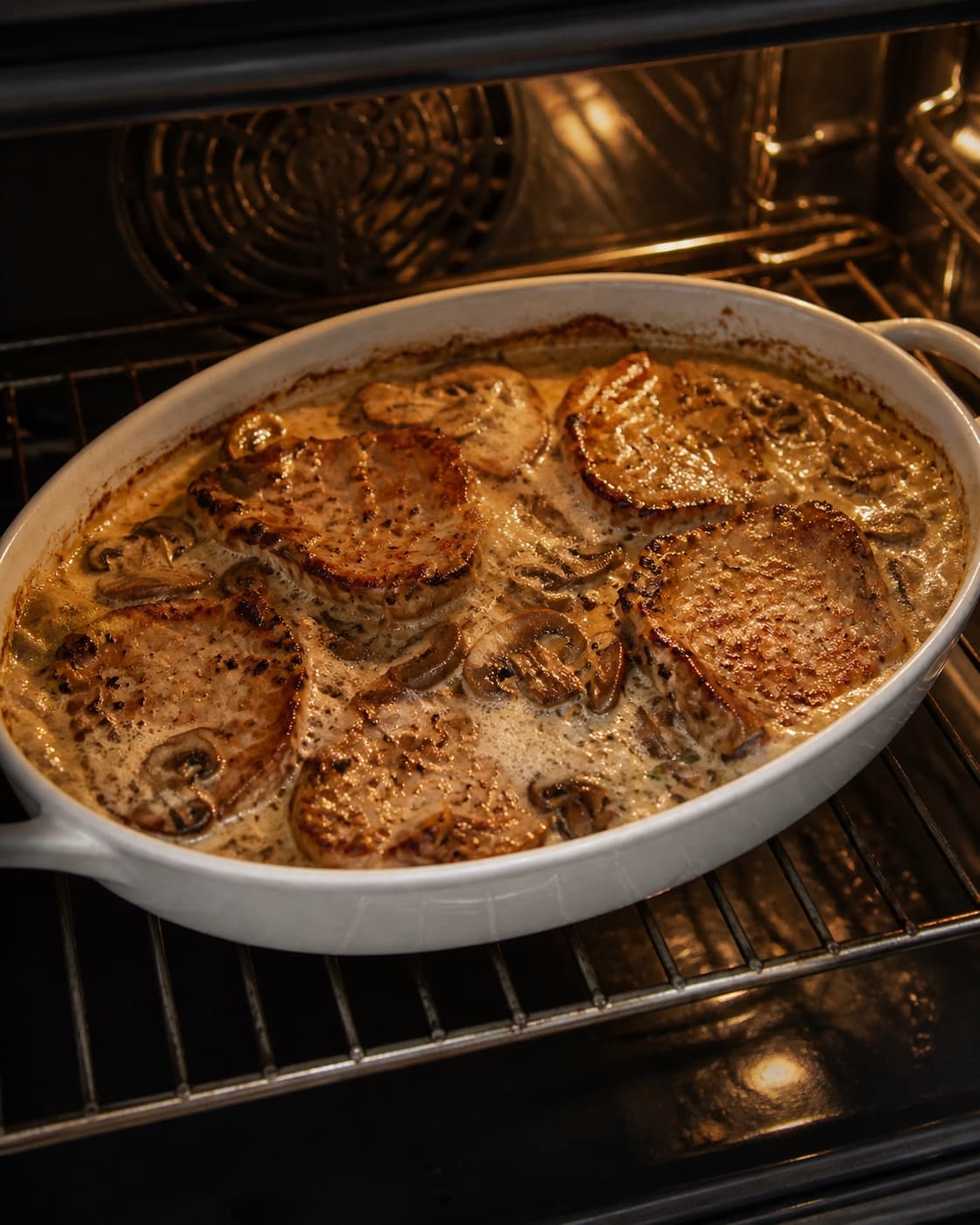 One single photorealistic instructional frame of the casserole bubbling and browning in the oven for Koteletter og champignon i fad, featuring svinekoteletter, champignon, piskefløde, with only the named equipment and no unrelated food, text, logos or packaging under tilberedningen af koteletter og champignon i fad