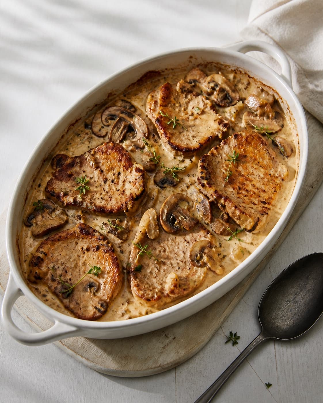 One single photorealistic instructional frame of the finished casserole resting before serving for Koteletter og champignon i fad, featuring svinekoteletter, champignon, piskefløde, with only the named equipment and no unrelated food, text, logos or packaging under tilberedningen af koteletter og champignon i fad