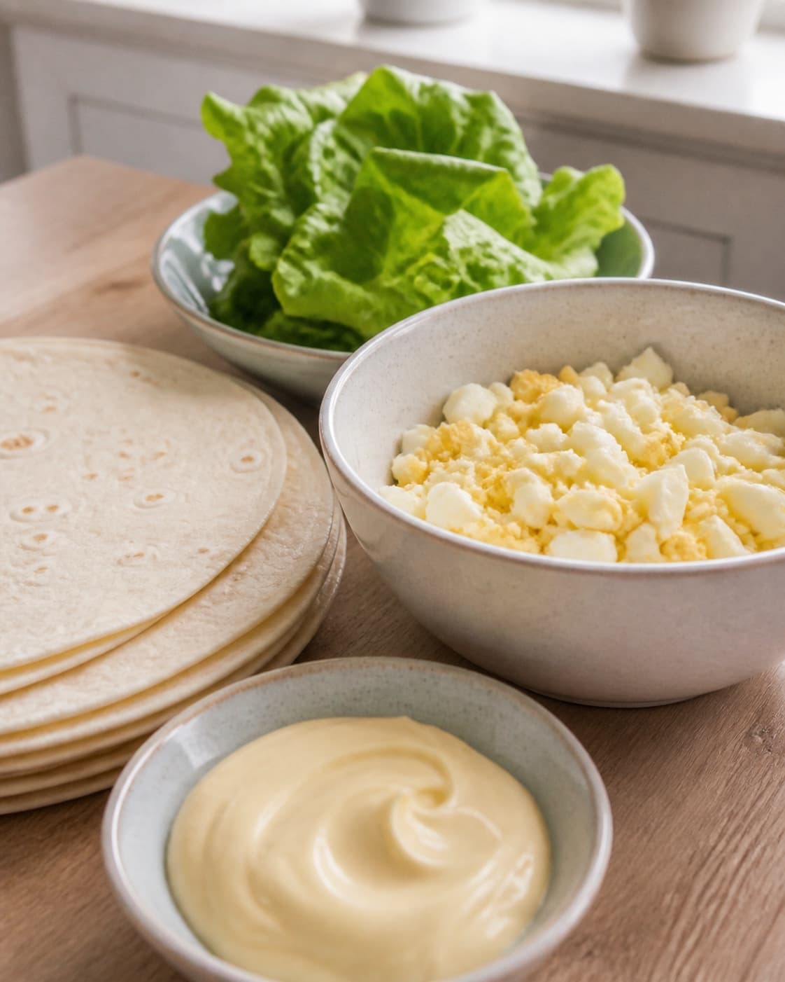 One single photorealistic instructional frame of fresh wrap fillings and sauce prepared separately for Wraps med æggesalat, featuring tortillawraps, æg, mayonnaise, with only the named equipment and no unrelated food, text, logos or packaging under tilberedningen af wraps med æggesalat