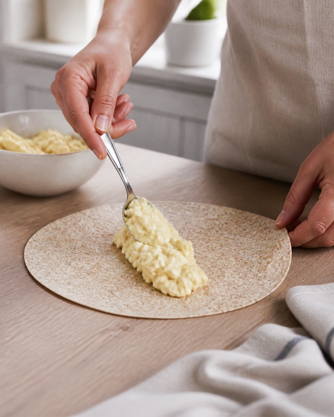 One single photorealistic instructional frame of realistic hands arranging filling down the center of one wrap for Wraps med æggesalat, featuring tortillawraps, æg, mayonnaise, with only the named equipment and no unrelated food, text, logos or packaging under tilberedningen af wraps med æggesalat
