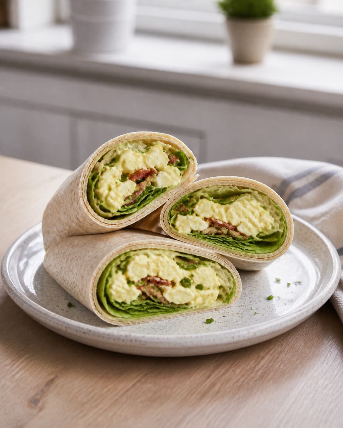 One single photorealistic instructional frame of completed wraps cut cleanly and arranged on one platter for Wraps med æggesalat, featuring tortillawraps, æg, mayonnaise, with only the named equipment and no unrelated food, text, logos or packaging under tilberedningen af wraps med æggesalat