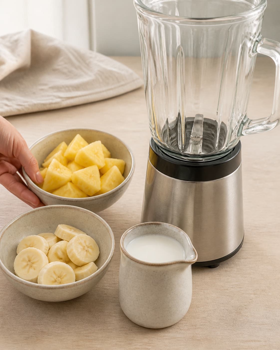 One single photorealistic instructional frame of prepared fruit and measured liquid beside one blender for Pina Colada Smoothie - uden alkohol, featuring ananas, kokosmælk, banan, with only the named equipment and no unrelated food, text, logos or packaging under tilberedningen af pina colada smoothie - uden alkohol