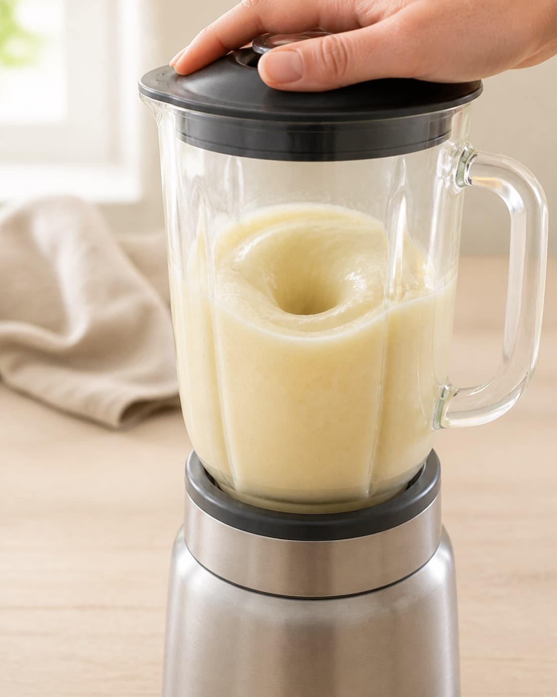 One single photorealistic instructional frame of a smooth pale base swirling inside one blender for Pina Colada Smoothie - uden alkohol, featuring ananas, kokosmælk, banan, with only the named equipment and no unrelated food, text, logos or packaging under tilberedningen af pina colada smoothie - uden alkohol