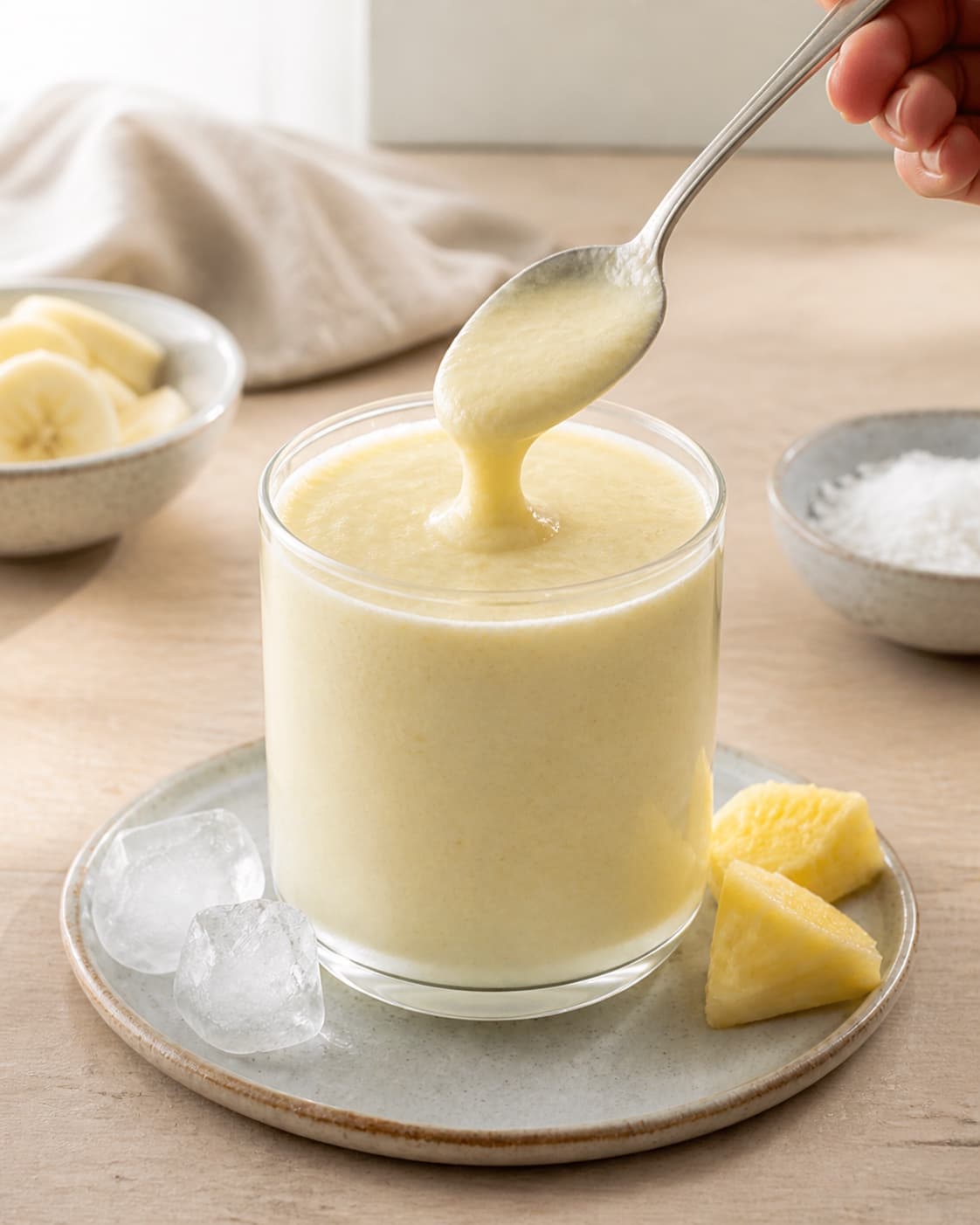 One single photorealistic instructional frame of one spoon checking the thick smoothie consistency for Pina Colada Smoothie - uden alkohol, featuring ananas, kokosmælk, banan, with only the named equipment and no unrelated food, text, logos or packaging under tilberedningen af pina colada smoothie - uden alkohol