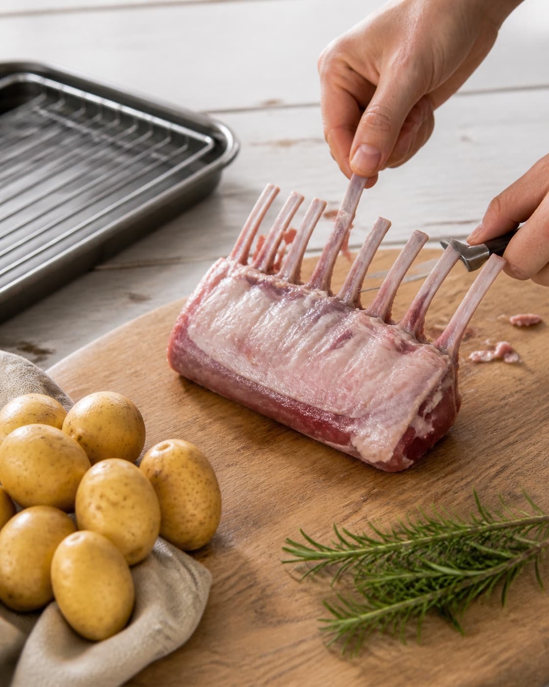 One single photorealistic instructional frame of the main ingredient trimmed cut and dried before roasting for Lammekrone med ovnbagte rosmarin kartofler, featuring lammekrone, små kartofler, frisk rosmarin, with only the named equipment and no unrelated food, text, logos or packaging under tilberedningen af lammekrone med ovnbagte rosmarin kartofler