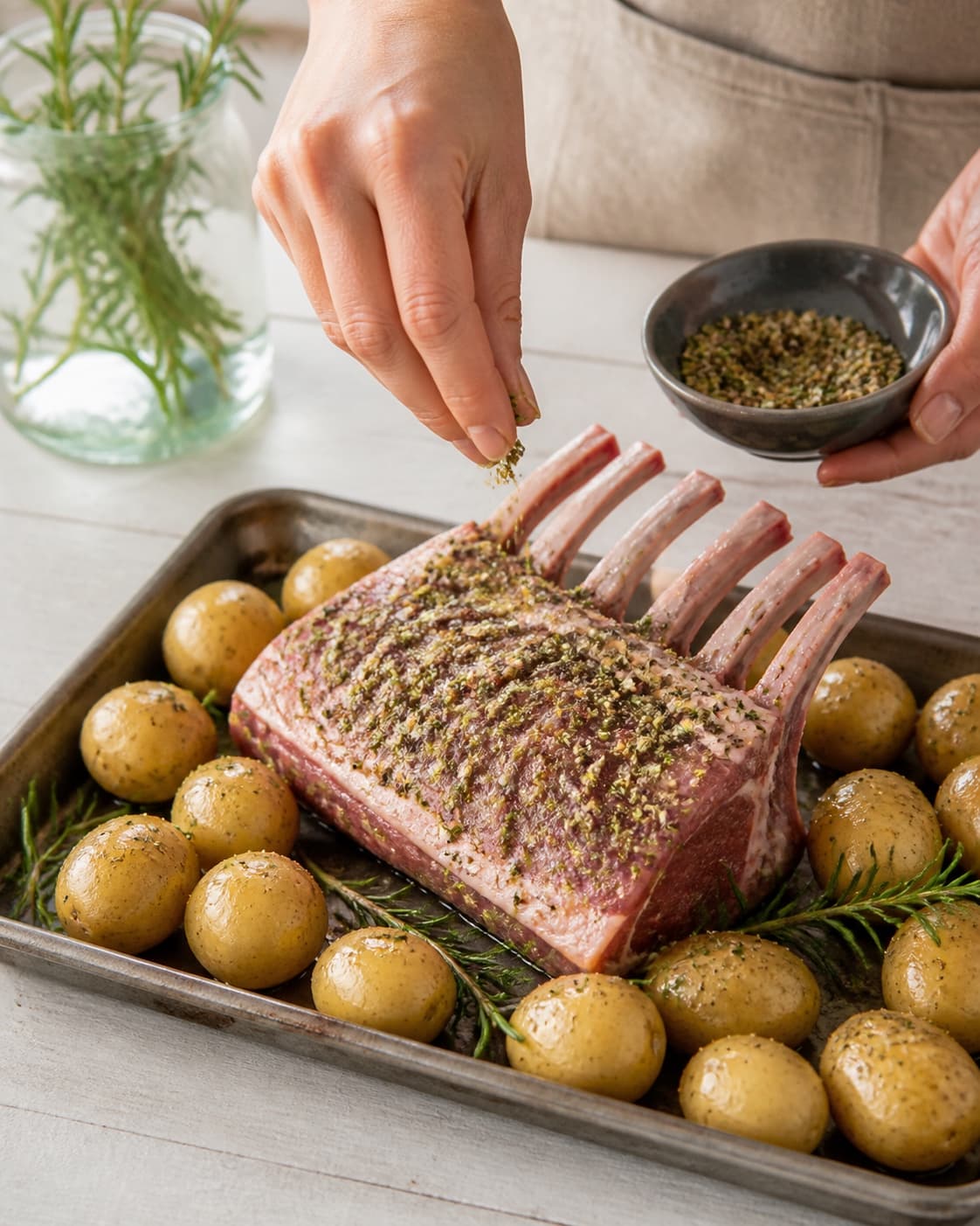 One single photorealistic instructional frame of the main ingredient being evenly coated with seasoning for Lammekrone med ovnbagte rosmarin kartofler, featuring lammekrone, små kartofler, frisk rosmarin, with only the named equipment and no unrelated food, text, logos or packaging under tilberedningen af lammekrone med ovnbagte rosmarin kartofler
