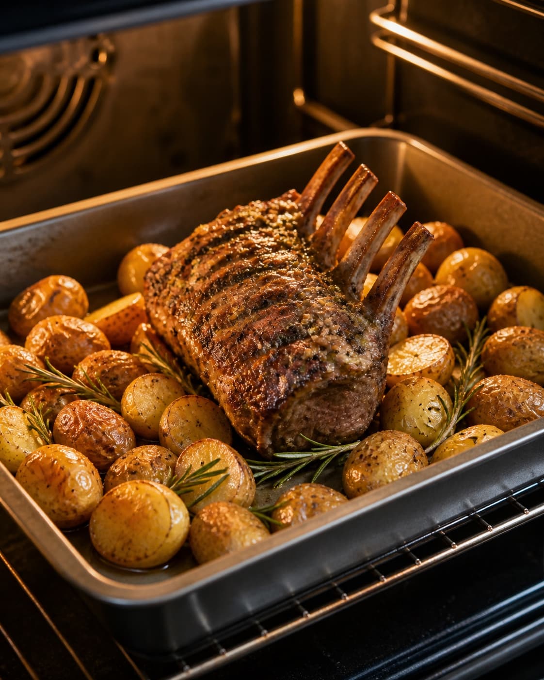 One single photorealistic instructional frame of the seasoned main ingredient roasting until properly cooked for Lammekrone med ovnbagte rosmarin kartofler, featuring lammekrone, små kartofler, frisk rosmarin, with only the named equipment and no unrelated food, text, logos or packaging under tilberedningen af lammekrone med ovnbagte rosmarin kartofler