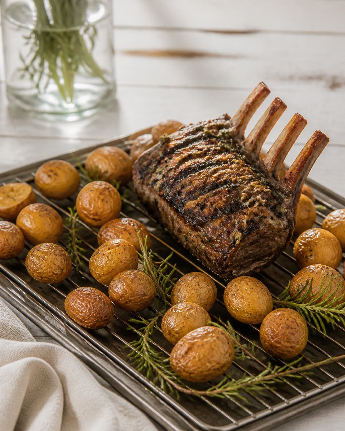 One single photorealistic instructional frame of the cooked ingredient resting uncovered on one rack or platter for Lammekrone med ovnbagte rosmarin kartofler, featuring lammekrone, små kartofler, frisk rosmarin, with only the named equipment and no unrelated food, text, logos or packaging under tilberedningen af lammekrone med ovnbagte rosmarin kartofler