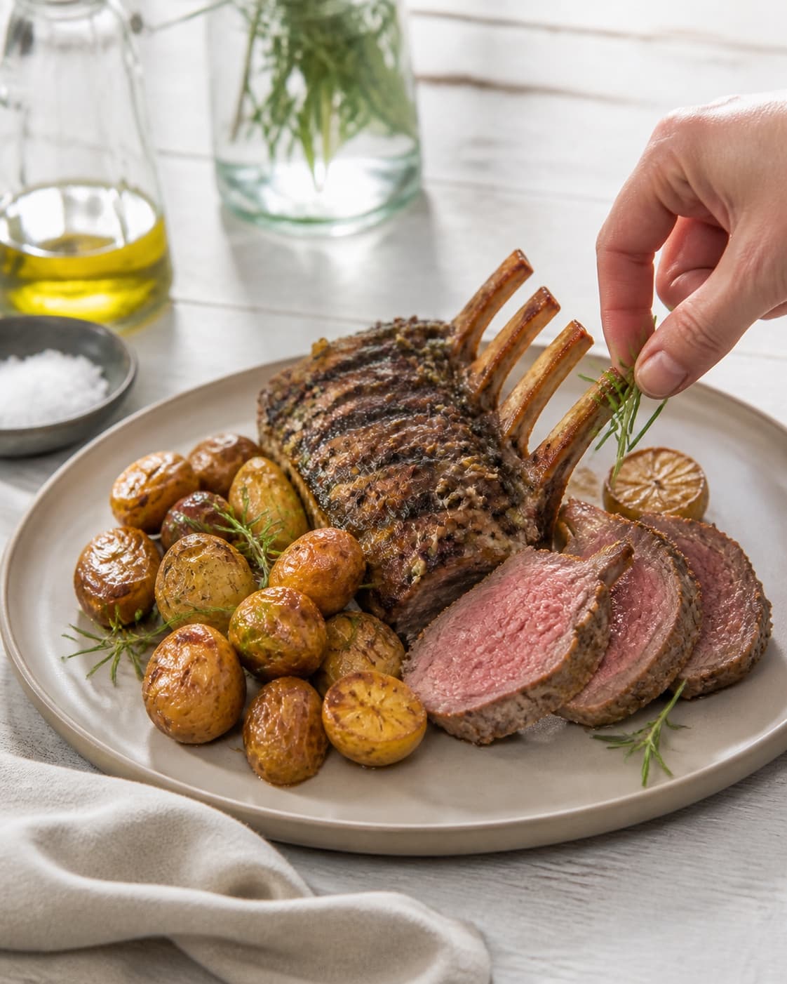 One single photorealistic instructional frame of the finished roasted dish portioned on one serving platter for Lammekrone med ovnbagte rosmarin kartofler, featuring lammekrone, små kartofler, frisk rosmarin, with only the named equipment and no unrelated food, text, logos or packaging under tilberedningen af lammekrone med ovnbagte rosmarin kartofler
