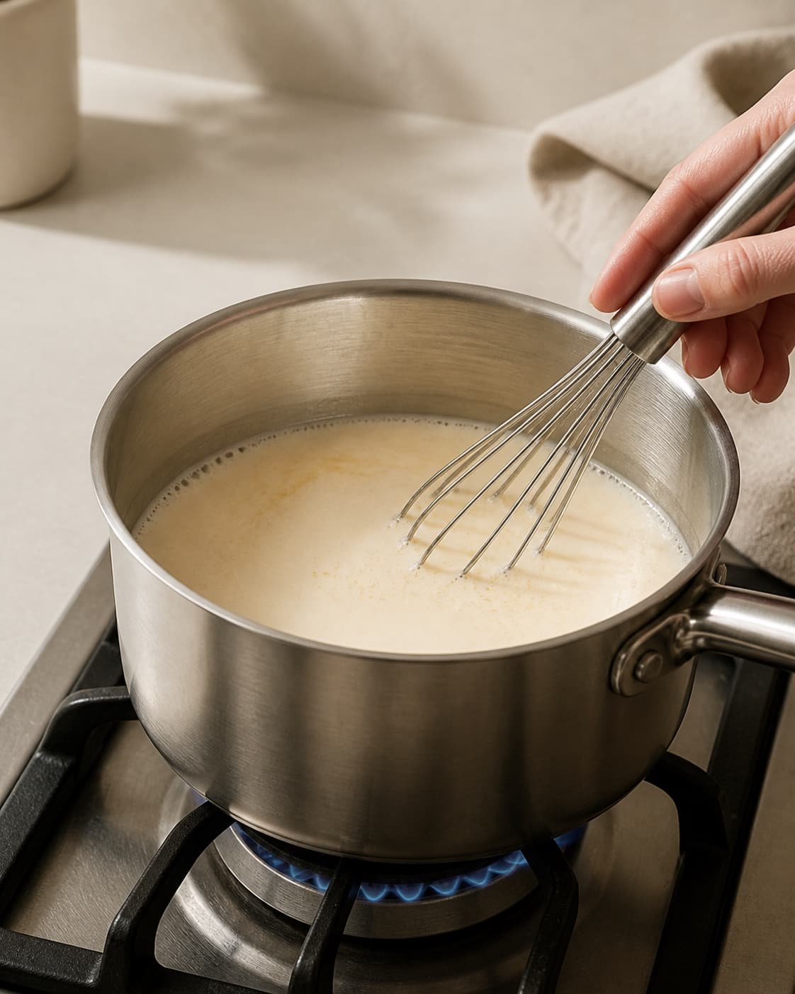 One single photorealistic instructional frame of cream and milk warming gently in one saucepan for Lakrids Flødeis, featuring piskefløde, sødmælk, æggeblommer, with only the named equipment and no unrelated food, text, logos or packaging under tilberedningen af lakrids flødeis