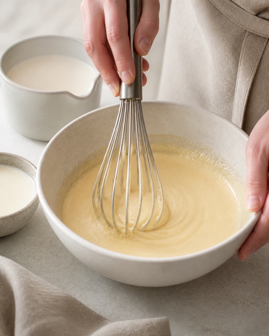 One single photorealistic instructional frame of pasteurized egg yolks and sugar whisked pale for Lakrids Flødeis, featuring piskefløde, sødmælk, æggeblommer, with only the named equipment and no unrelated food, text, logos or packaging under tilberedningen af lakrids flødeis