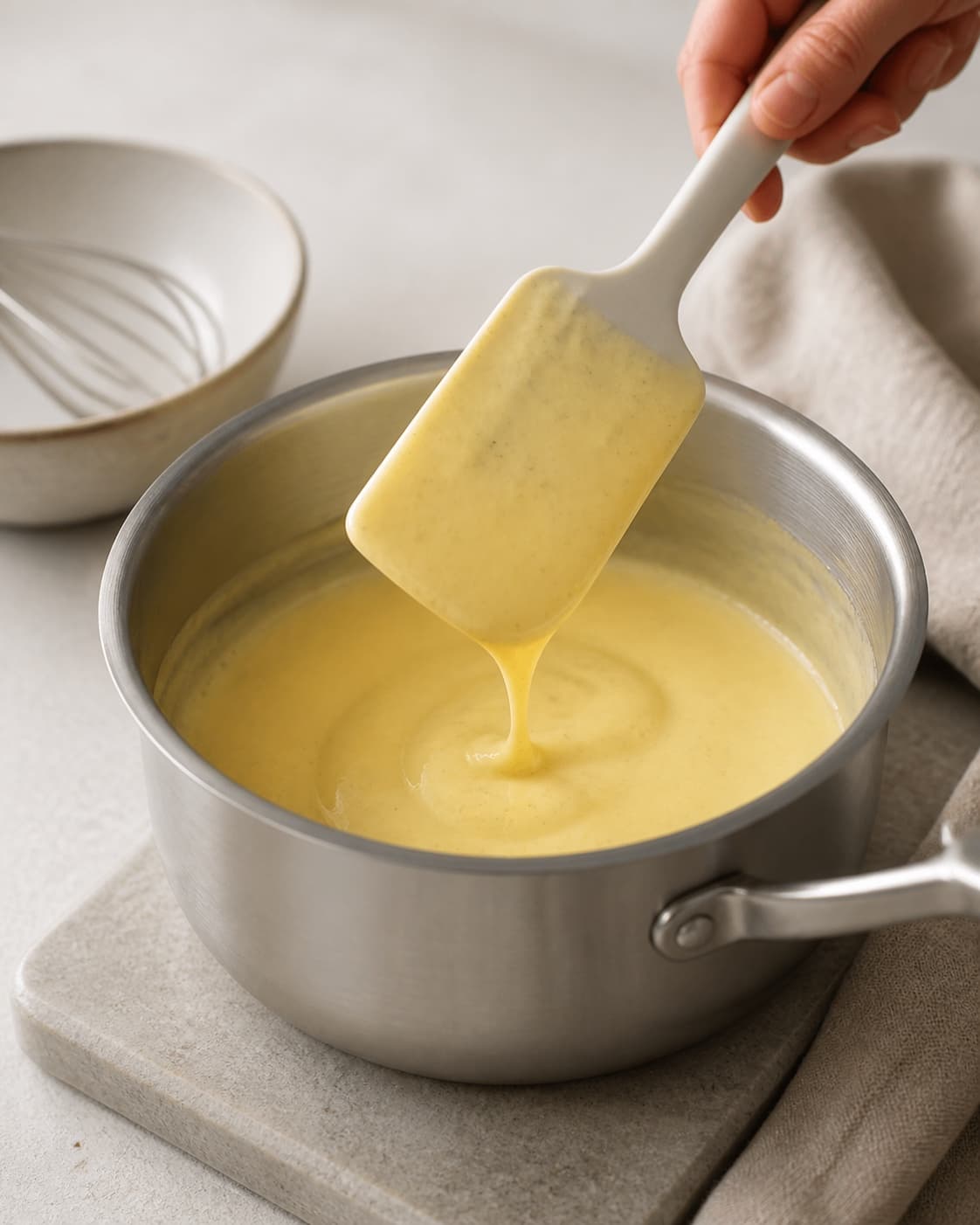 One single photorealistic instructional frame of the custard thickening gently on a spatula for Lakrids Flødeis, featuring piskefløde, sødmælk, æggeblommer, with only the named equipment and no unrelated food, text, logos or packaging under tilberedningen af lakrids flødeis