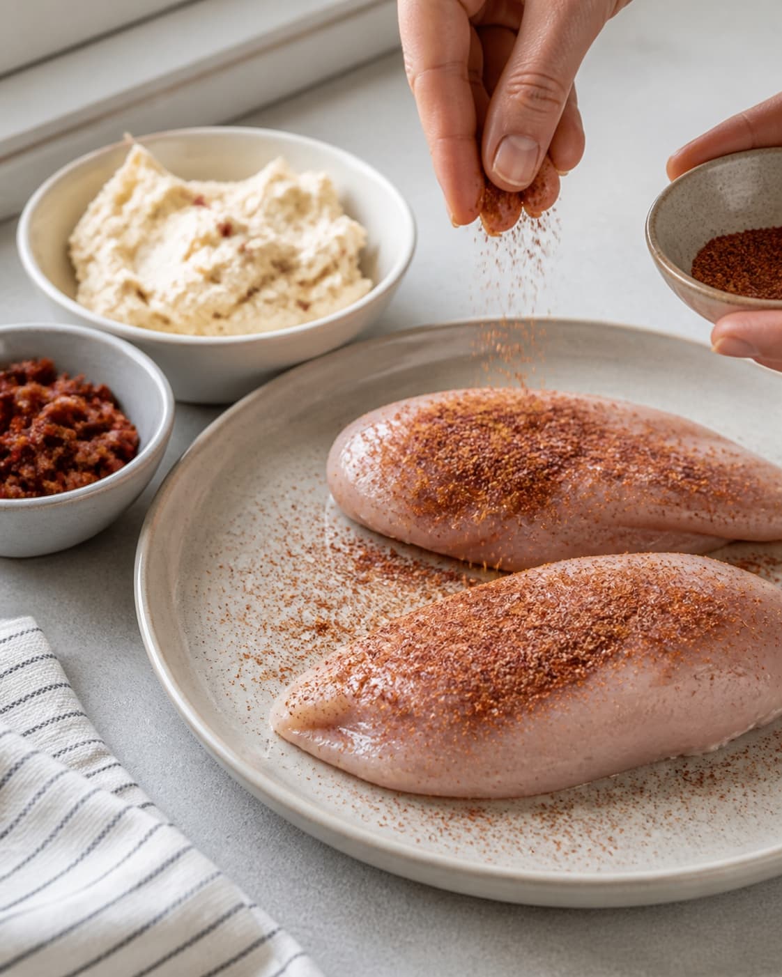 One single photorealistic instructional frame of the main ingredient being evenly coated with seasoning for Fyldt kyllingebryst med pikant flødeost og chorizo, featuring kyllingebryst, pikant flødeost, chorizo, with only the named equipment and no unrelated food, text, logos or packaging under tilberedningen af fyldt kyllingebryst med pikant flødeost og chorizo
