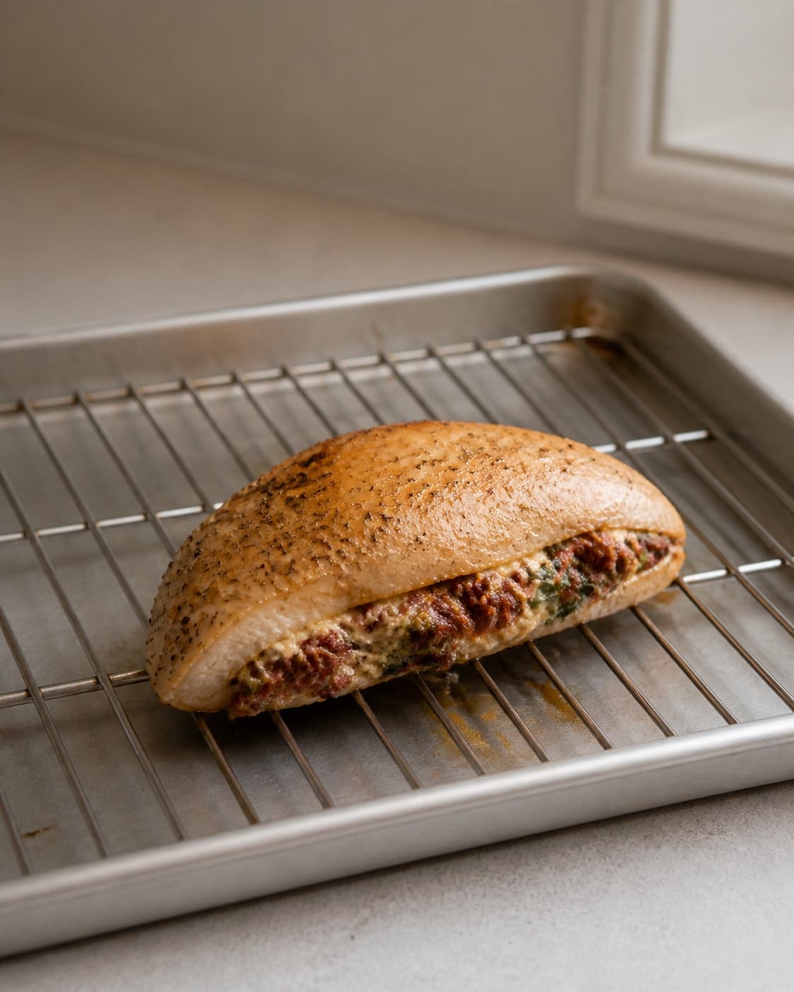 One single photorealistic instructional frame of the cooked ingredient resting uncovered on one rack or platter for Fyldt kyllingebryst med pikant flødeost og chorizo, featuring kyllingebryst, pikant flødeost, chorizo, with only the named equipment and no unrelated food, text, logos or packaging under tilberedningen af fyldt kyllingebryst med pikant flødeost og chorizo