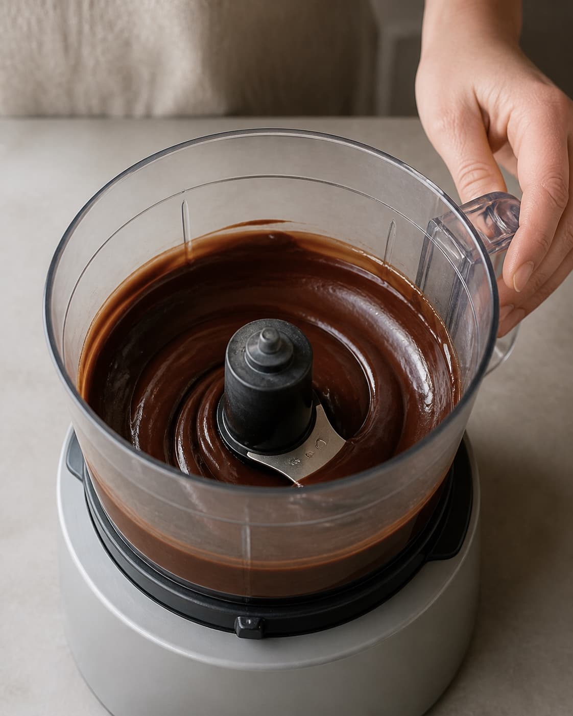 One single photorealistic instructional frame of the confection base becoming cohesive in one food processor for Skildpadder med rom, featuring mørk chokolade, karamel, piskefløde, with only the named equipment and no unrelated food, text, logos or packaging under tilberedningen af skildpadder med rom
