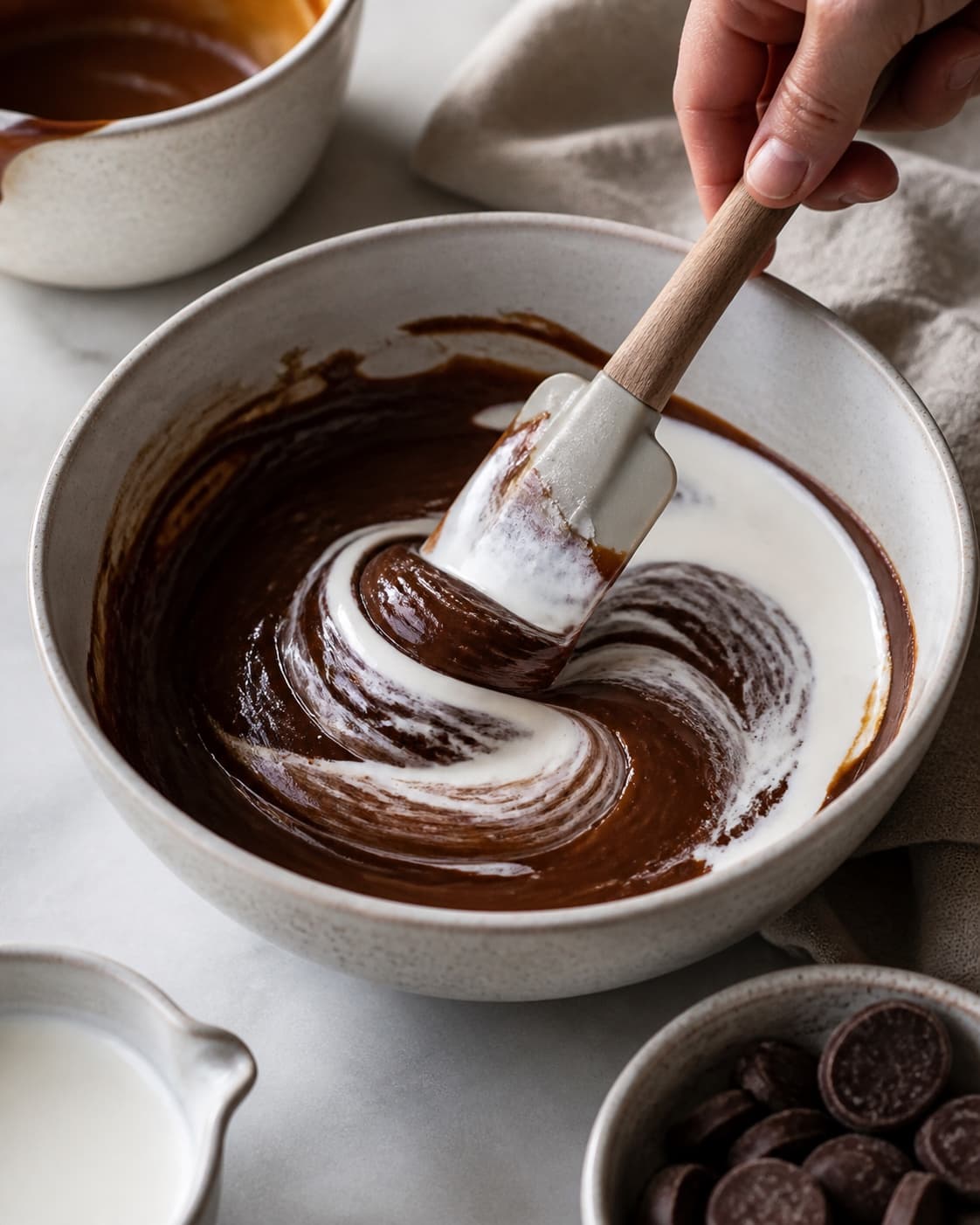 One single photorealistic instructional frame of the flavoring being folded into the confection mixture for Skildpadder med rom, featuring mørk chokolade, karamel, piskefløde, with only the named equipment and no unrelated food, text, logos or packaging under tilberedningen af skildpadder med rom