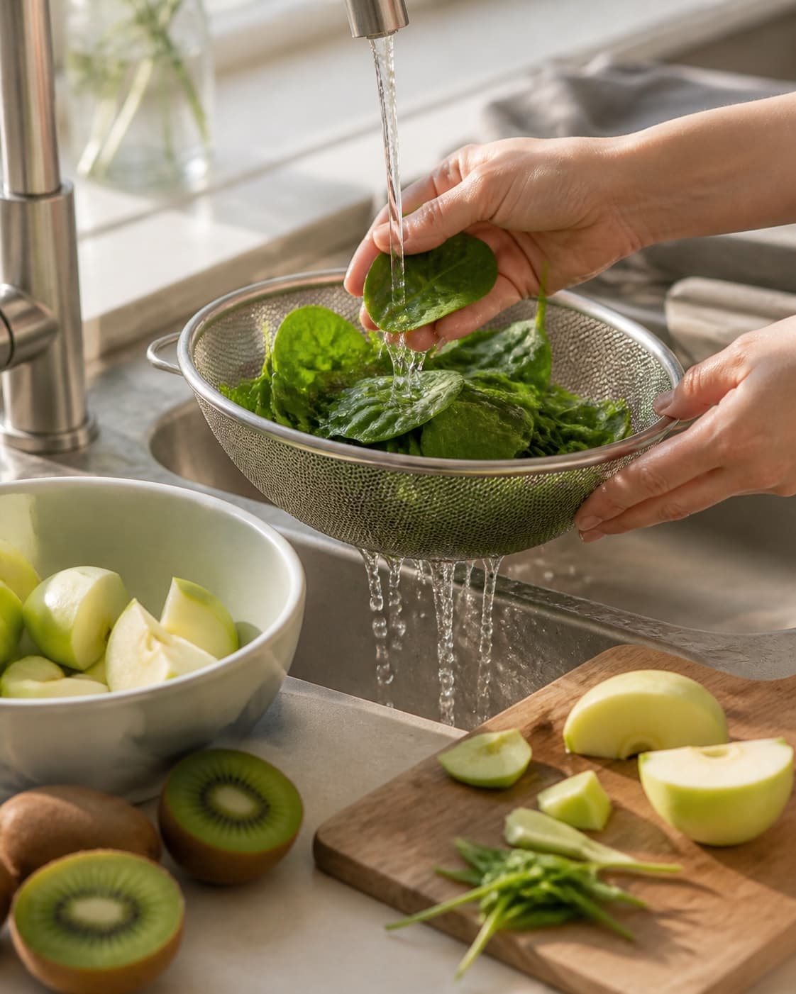 One single photorealistic instructional frame of fresh produce being washed and trimmed for Grøn juice med kiwi, featuring kiwi, babyspinat, æbler, with only the named equipment and no unrelated food, text, logos or packaging under tilberedningen af grøn juice med kiwi