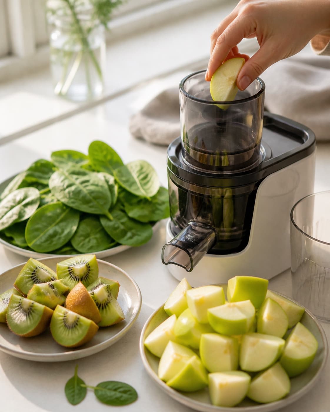 One single photorealistic instructional frame of the produce cut into juicer-size pieces for Grøn juice med kiwi, featuring kiwi, babyspinat, æbler, with only the named equipment and no unrelated food, text, logos or packaging under tilberedningen af grøn juice med kiwi