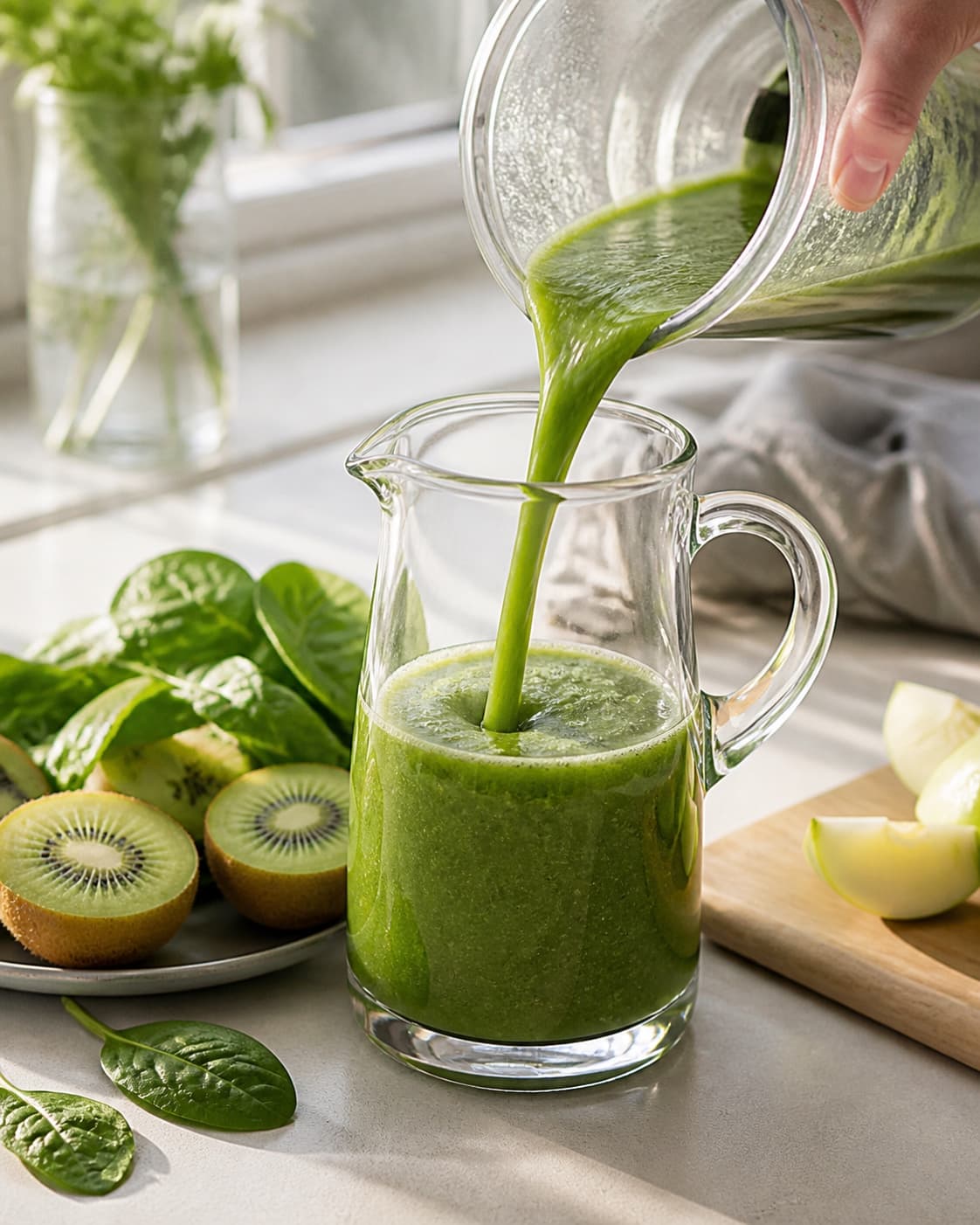 One single photorealistic instructional frame of colorful fresh juice flowing into one clean jug for Grøn juice med kiwi, featuring kiwi, babyspinat, æbler, with only the named equipment and no unrelated food, text, logos or packaging under tilberedningen af grøn juice med kiwi