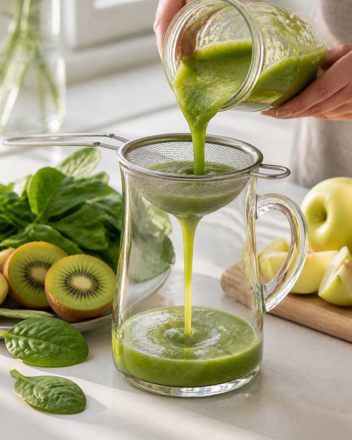 One single photorealistic instructional frame of fresh juice being strained into one jug for Grøn juice med kiwi, featuring kiwi, babyspinat, æbler, with only the named equipment and no unrelated food, text, logos or packaging under tilberedningen af grøn juice med kiwi