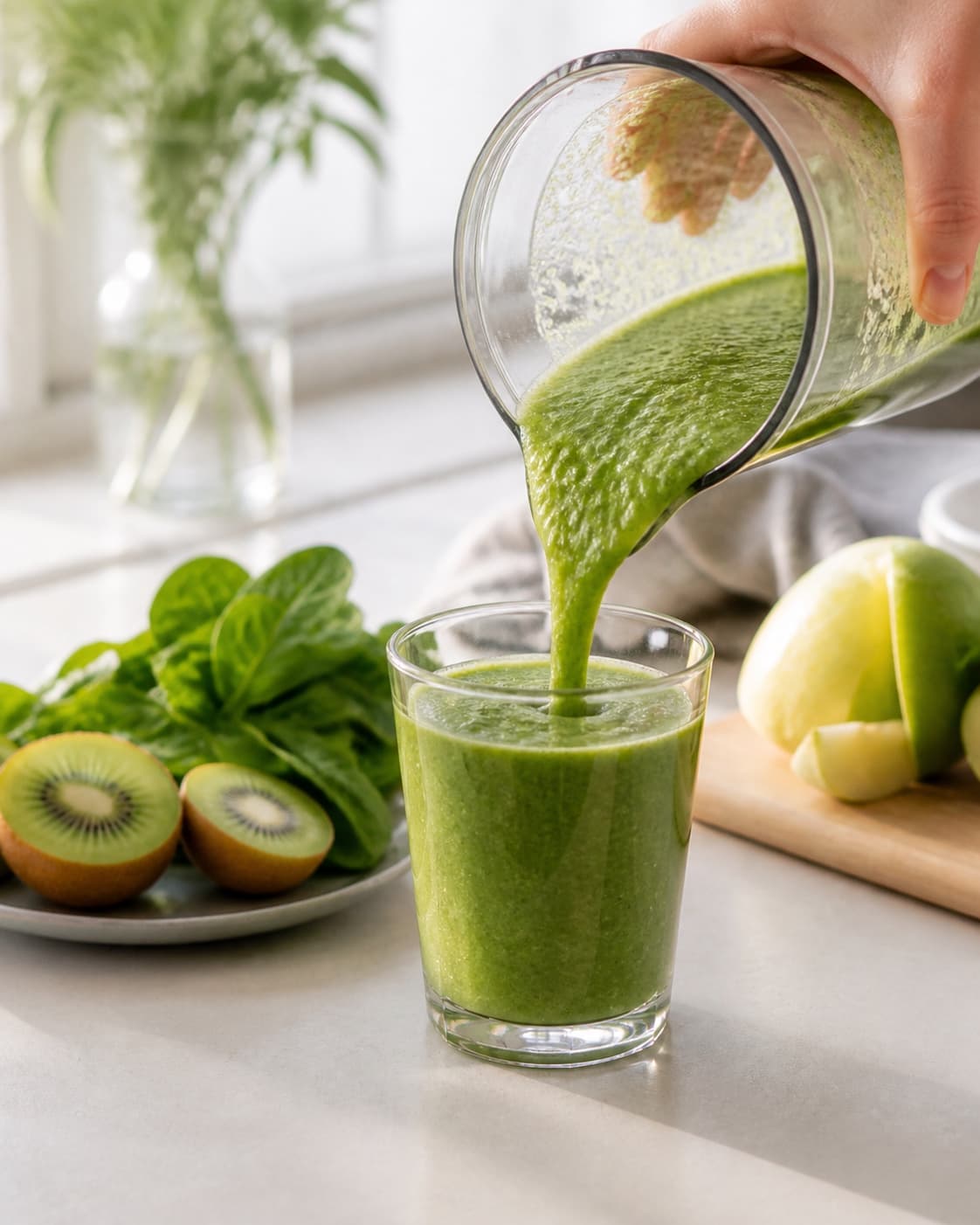 One single photorealistic instructional frame of the finished bright juice in clean chilled glasses for Grøn juice med kiwi, featuring kiwi, babyspinat, æbler, with only the named equipment and no unrelated food, text, logos or packaging under tilberedningen af grøn juice med kiwi