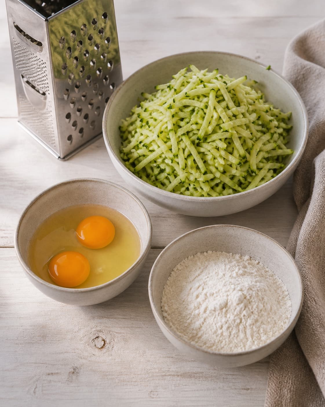 One single photorealistic instructional frame of finely prepared patty ingredients in separate bowls for Squash Frikadeller, featuring squash, æg, hvedemel, with only the named equipment and no unrelated food, text, logos or packaging under tilberedningen af squash frikadeller
