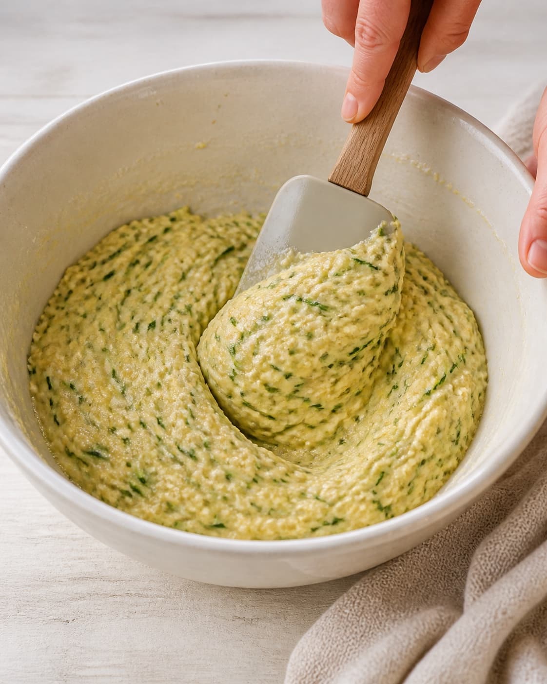 One single photorealistic instructional frame of the cohesive patty mixture being folded in one bowl for Squash Frikadeller, featuring squash, æg, hvedemel, with only the named equipment and no unrelated food, text, logos or packaging under tilberedningen af squash frikadeller