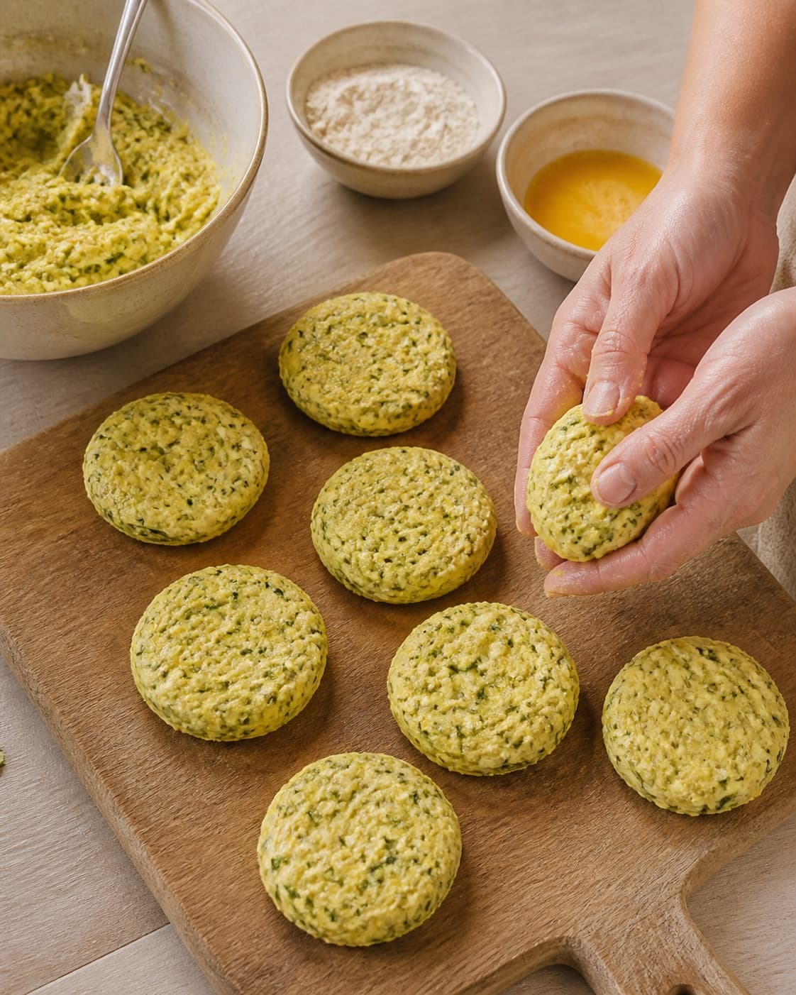 One single photorealistic instructional frame of realistic hands shaping equal raw patties on one board for Squash Frikadeller, featuring squash, æg, hvedemel, with only the named equipment and no unrelated food, text, logos or packaging under tilberedningen af squash frikadeller