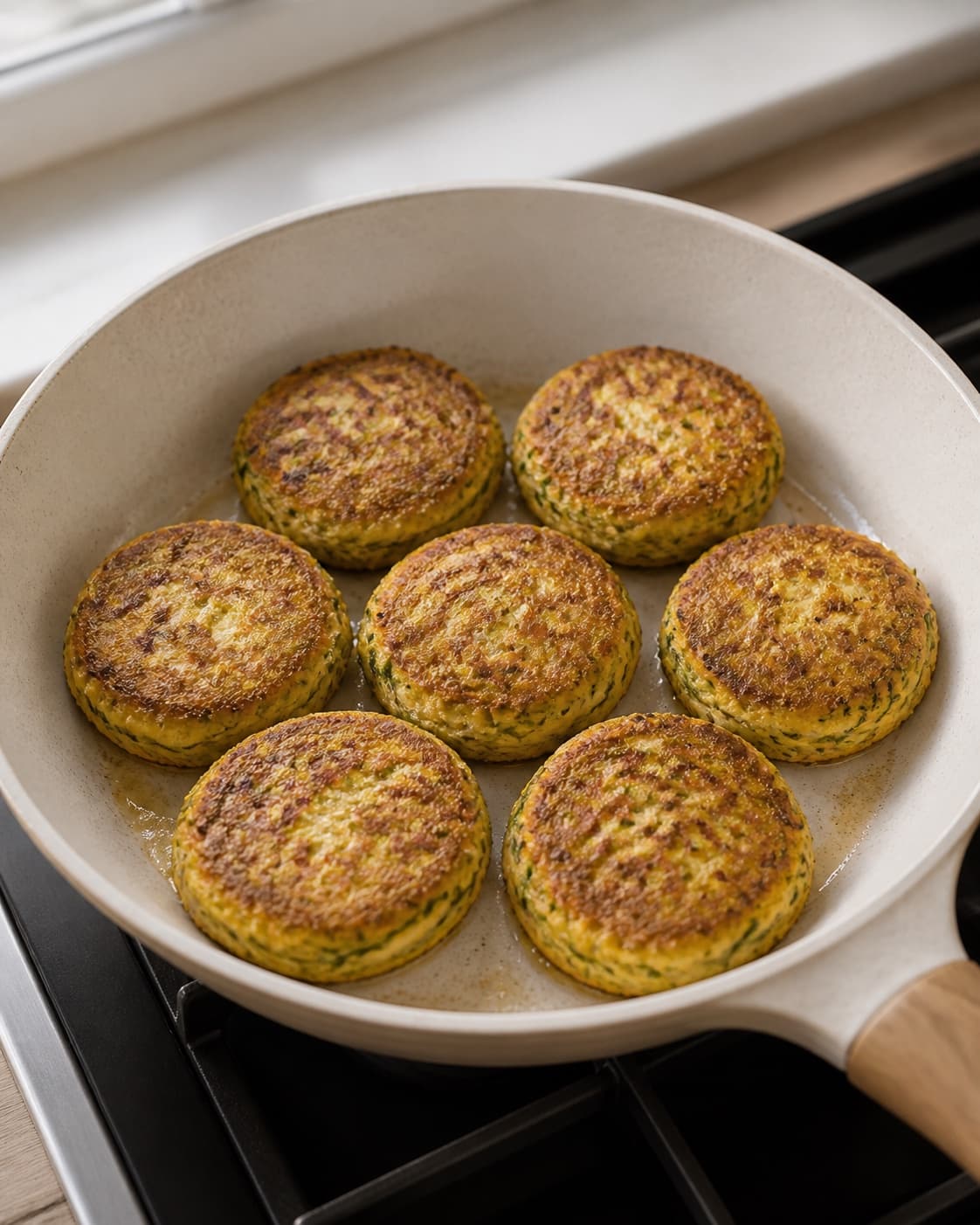 One single photorealistic instructional frame of equal patties browning in one skillet for Squash Frikadeller, featuring squash, æg, hvedemel, with only the named equipment and no unrelated food, text, logos or packaging under tilberedningen af squash frikadeller