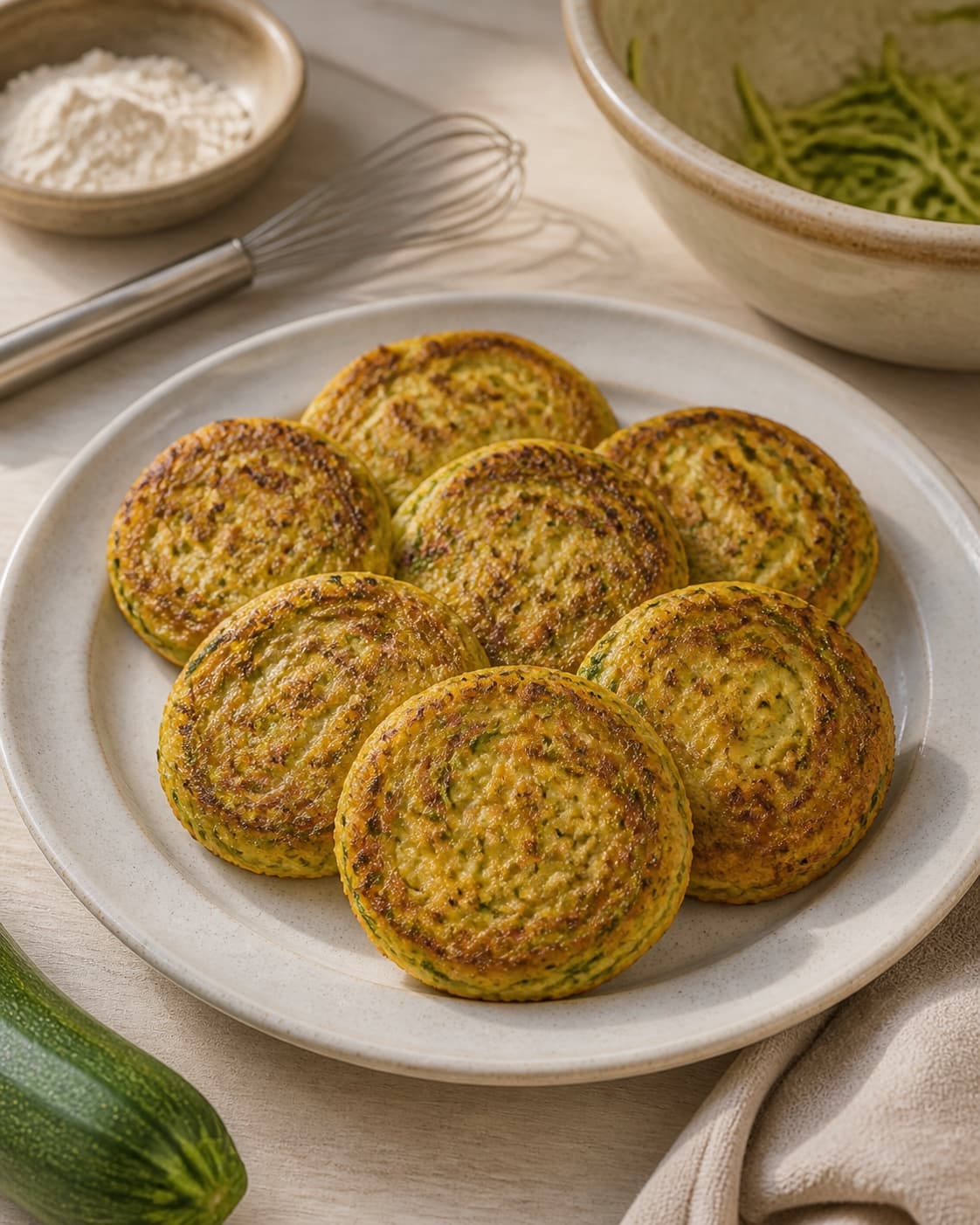 One single photorealistic instructional frame of the cooked patties resting neatly on one platter for Squash Frikadeller, featuring squash, æg, hvedemel, with only the named equipment and no unrelated food, text, logos or packaging under tilberedningen af squash frikadeller