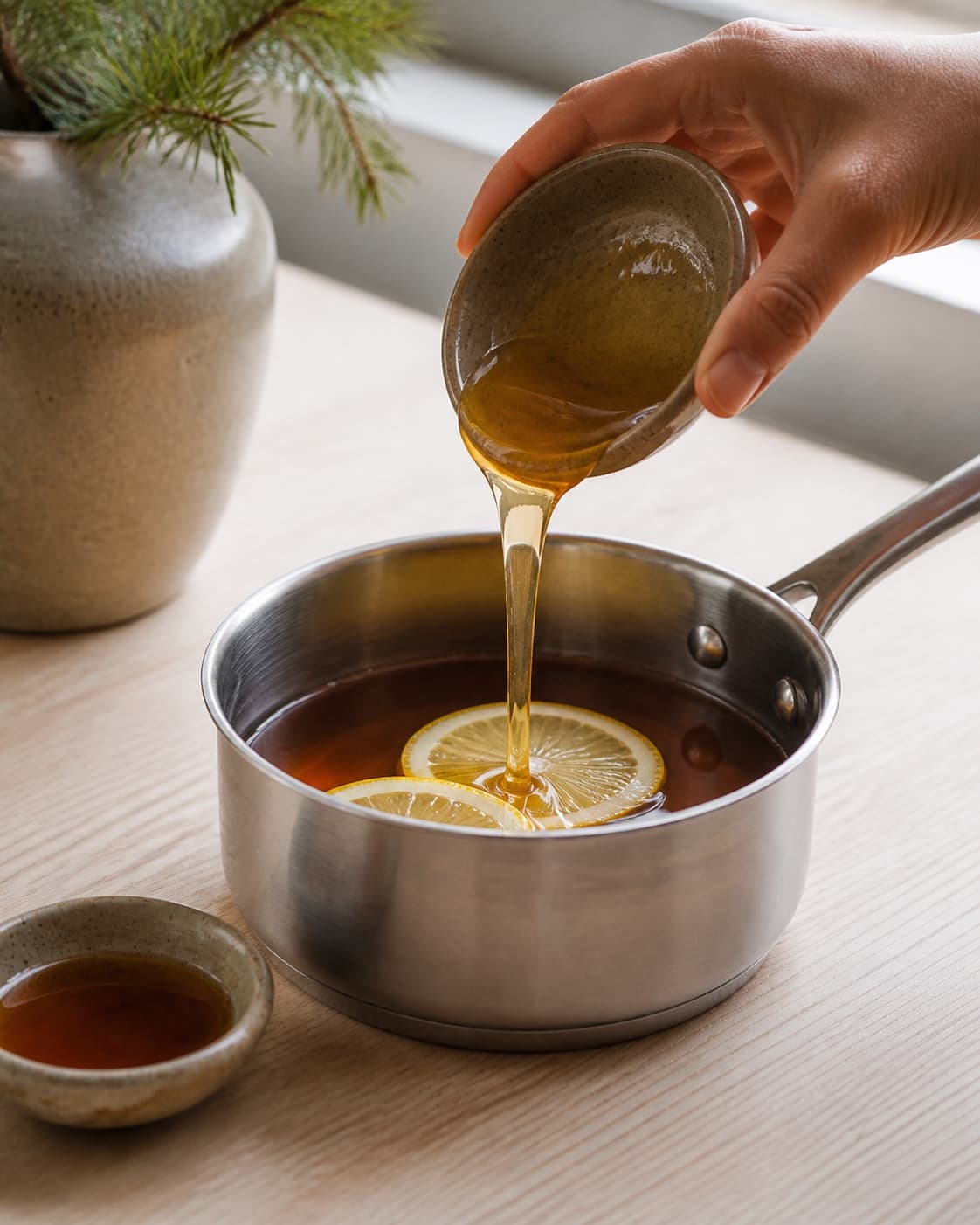 One single photorealistic instructional frame of the aromatic drink base being prepared in one small saucepan for Romtoddy, featuring mørk rom, citron, honning, with only the named equipment and no unrelated food, text, logos or packaging under tilberedningen af romtoddy