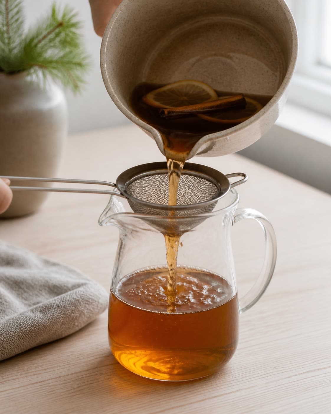 One single photorealistic instructional frame of a strained drink base cooling in one clear jug for Romtoddy, featuring mørk rom, citron, honning, with only the named equipment and no unrelated food, text, logos or packaging under tilberedningen af romtoddy