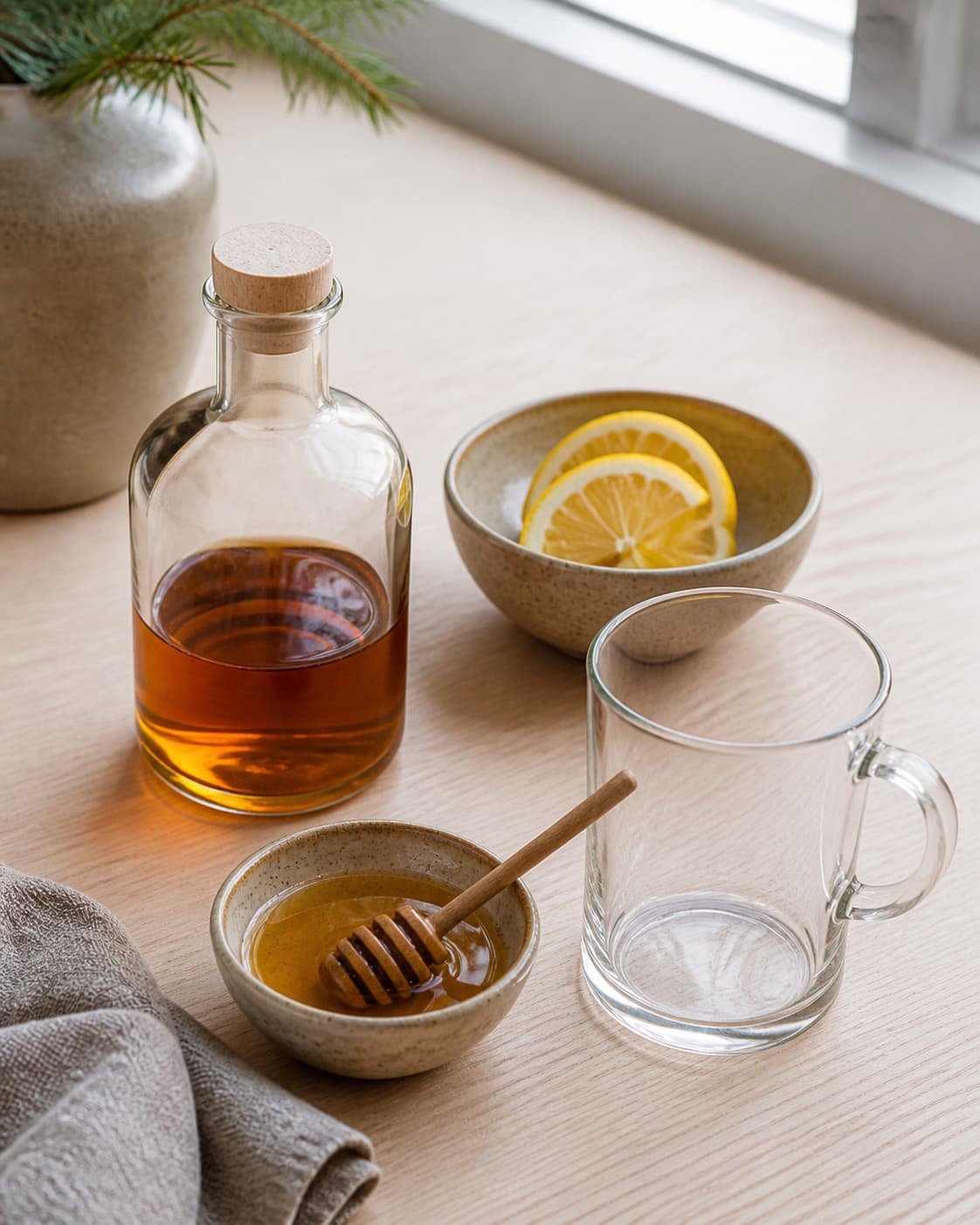 One single photorealistic instructional frame of measured drink components arranged separately for Romtoddy, featuring mørk rom, citron, honning, with only the named equipment and no unrelated food, text, logos or packaging under tilberedningen af romtoddy