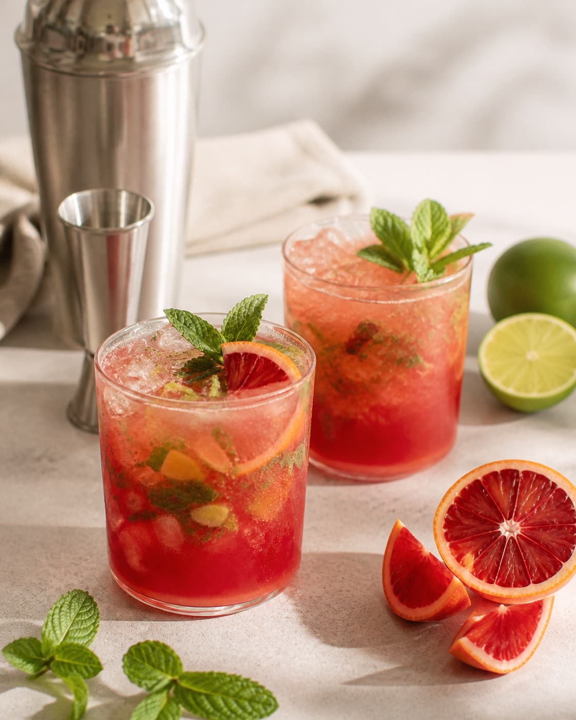 One single photorealistic instructional frame of the completed drink in clean chilled glasses with restrained garnish for Blodappelsin Mojito, featuring hvid rom, blodappelsiner, lime, with only the named equipment and no unrelated food, text, logos or packaging under tilberedningen af blodappelsin mojito