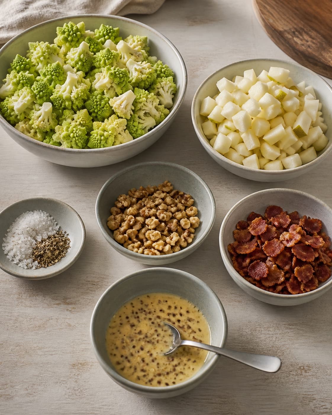 One single photorealistic instructional frame of washed and evenly cut raw ingredients arranged in separate bowls for Romanescosalat med pære, bacon og skøn dressing, featuring romanesco, pærer, bacon, with only the named equipment and no unrelated food, text, logos or packaging under tilberedningen af romanescosalat med pære, bacon og skøn dressing