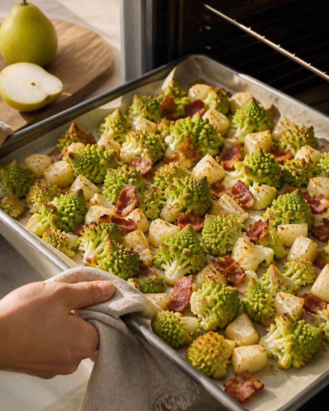 One single photorealistic instructional frame of the main robust ingredient roasting until tender and lightly browned for Romanescosalat med pære, bacon og skøn dressing, featuring romanesco, pærer, bacon, with only the named equipment and no unrelated food, text, logos or packaging under tilberedningen af romanescosalat med pære, bacon og skøn dressing