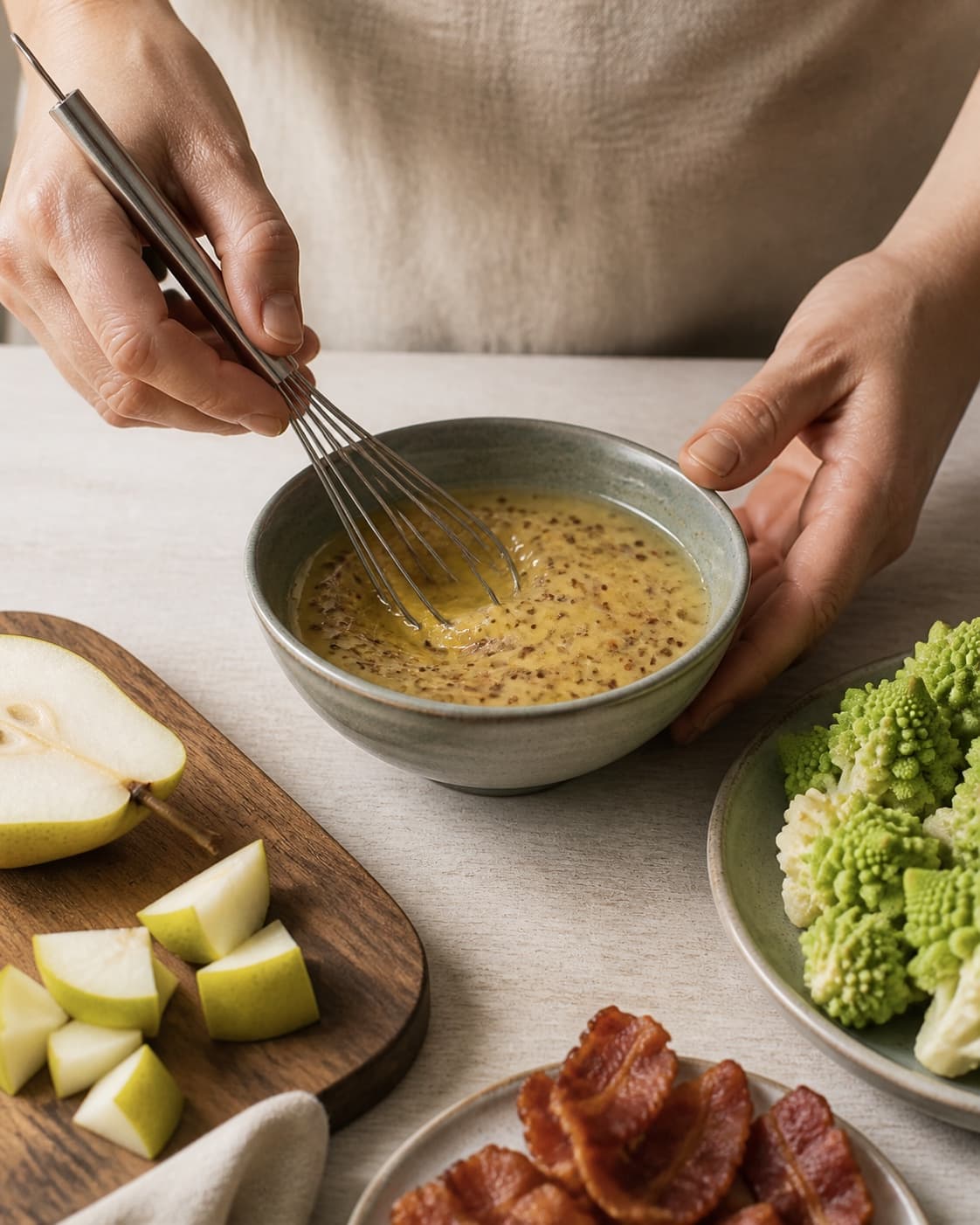 One single photorealistic instructional frame of a glossy dressing being whisked in one small bowl for Romanescosalat med pære, bacon og skøn dressing, featuring romanesco, pærer, bacon, with only the named equipment and no unrelated food, text, logos or packaging under tilberedningen af romanescosalat med pære, bacon og skøn dressing