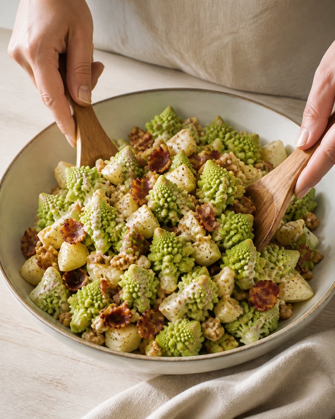 One single photorealistic instructional frame of the prepared salad components being gently tossed together for Romanescosalat med pære, bacon og skøn dressing, featuring romanesco, pærer, bacon, with only the named equipment and no unrelated food, text, logos or packaging under tilberedningen af romanescosalat med pære, bacon og skøn dressing