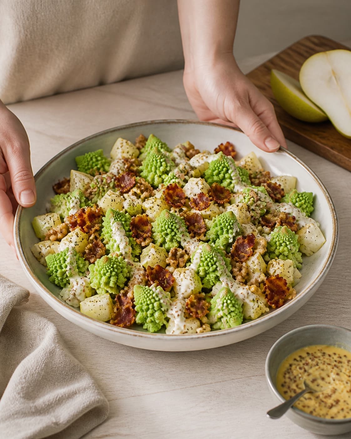 One single photorealistic instructional frame of the finished salad arranged loosely on one serving platter for Romanescosalat med pære, bacon og skøn dressing, featuring romanesco, pærer, bacon, with only the named equipment and no unrelated food, text, logos or packaging under tilberedningen af romanescosalat med pære, bacon og skøn dressing
