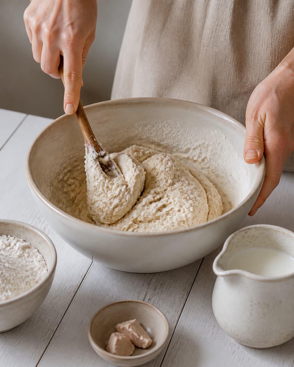 One single photorealistic instructional frame of soft bread dough mixing in one bowl for Osteboller, featuring hvedemel, gær, mælk, with only the named equipment and no unrelated food, text, logos or packaging under tilberedningen af osteboller
