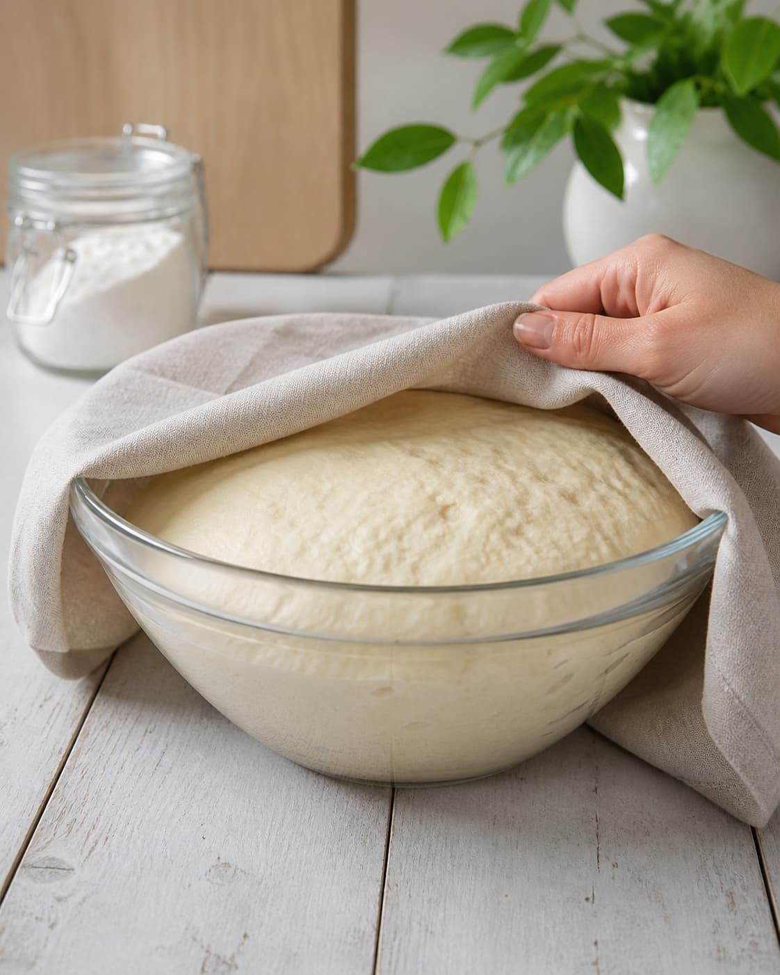 One single photorealistic instructional frame of elastic risen dough in one covered bowl for Osteboller, featuring hvedemel, gær, mælk, with only the named equipment and no unrelated food, text, logos or packaging under tilberedningen af osteboller
