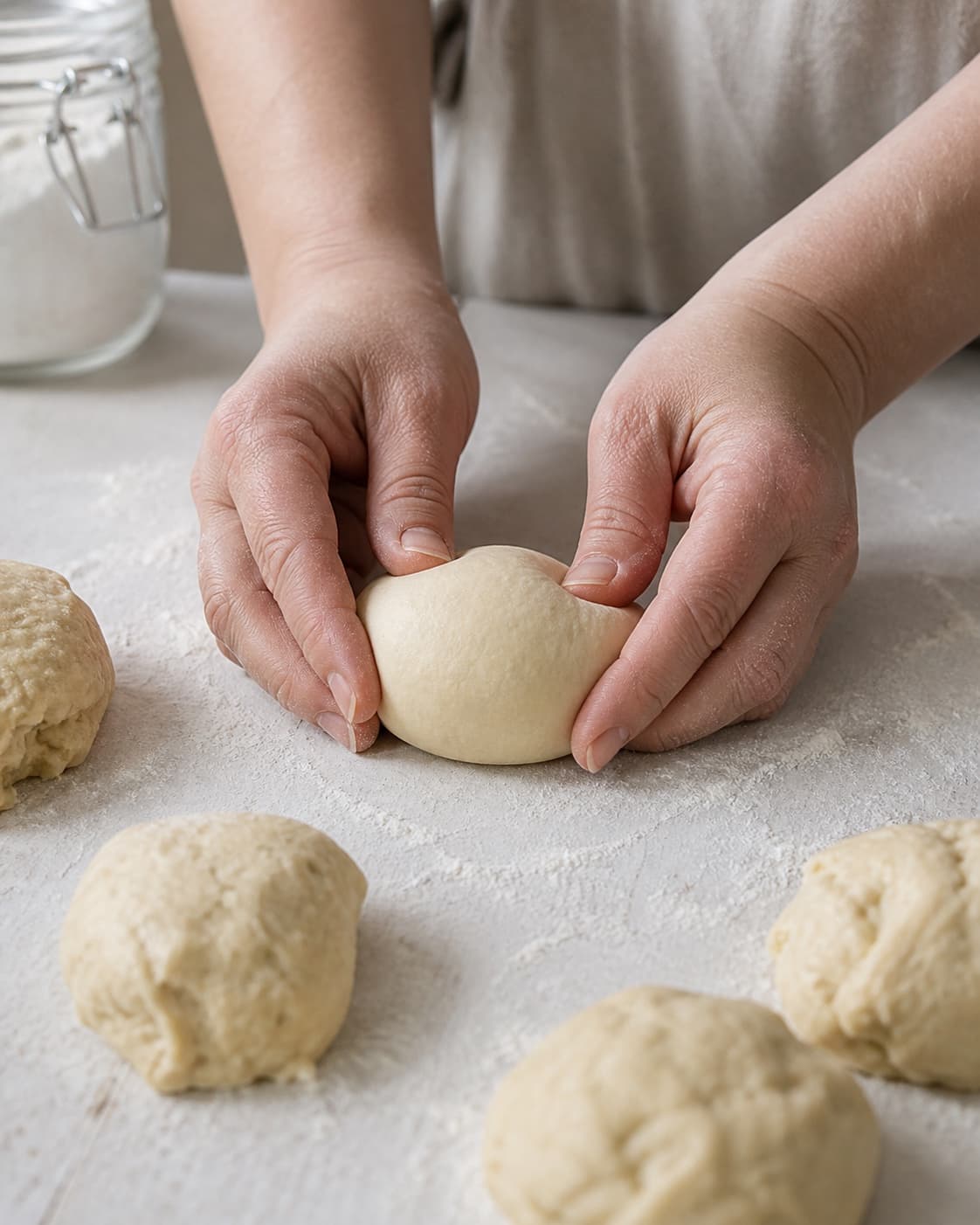 One single photorealistic instructional frame of hands shaping the dough into the recipe-specific form for Osteboller, featuring hvedemel, gær, mælk, with only the named equipment and no unrelated food, text, logos or packaging under tilberedningen af osteboller