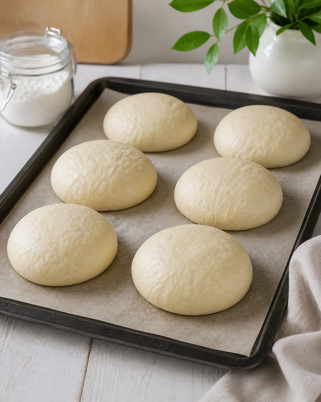 One single photorealistic instructional frame of shaped pale dough pieces visibly risen on one baking tray for Osteboller, featuring hvedemel, gær, mælk, with only the named equipment and no unrelated food, text, logos or packaging under tilberedningen af osteboller