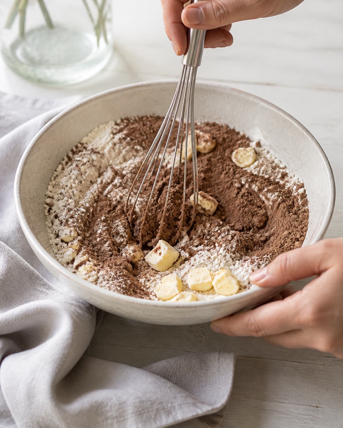One single photorealistic instructional frame of dry baking ingredients being whisked in one bowl for Tripple chokolade cupcakes, featuring hvedemel, kakaopulver, smør, with only the named equipment and no unrelated food, text, logos or packaging under tilberedningen af tripple chokolade cupcakes