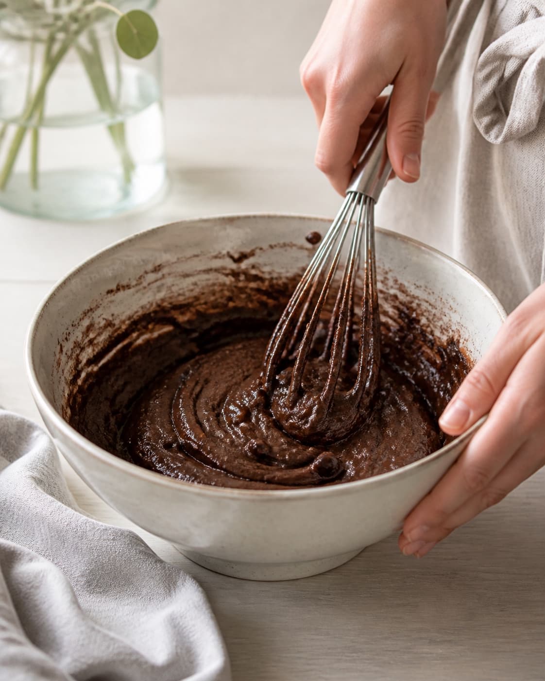 One single photorealistic instructional frame of the wet muffin mixture being combined in one bowl for Tripple chokolade cupcakes, featuring hvedemel, kakaopulver, smør, with only the named equipment and no unrelated food, text, logos or packaging under tilberedningen af tripple chokolade cupcakes