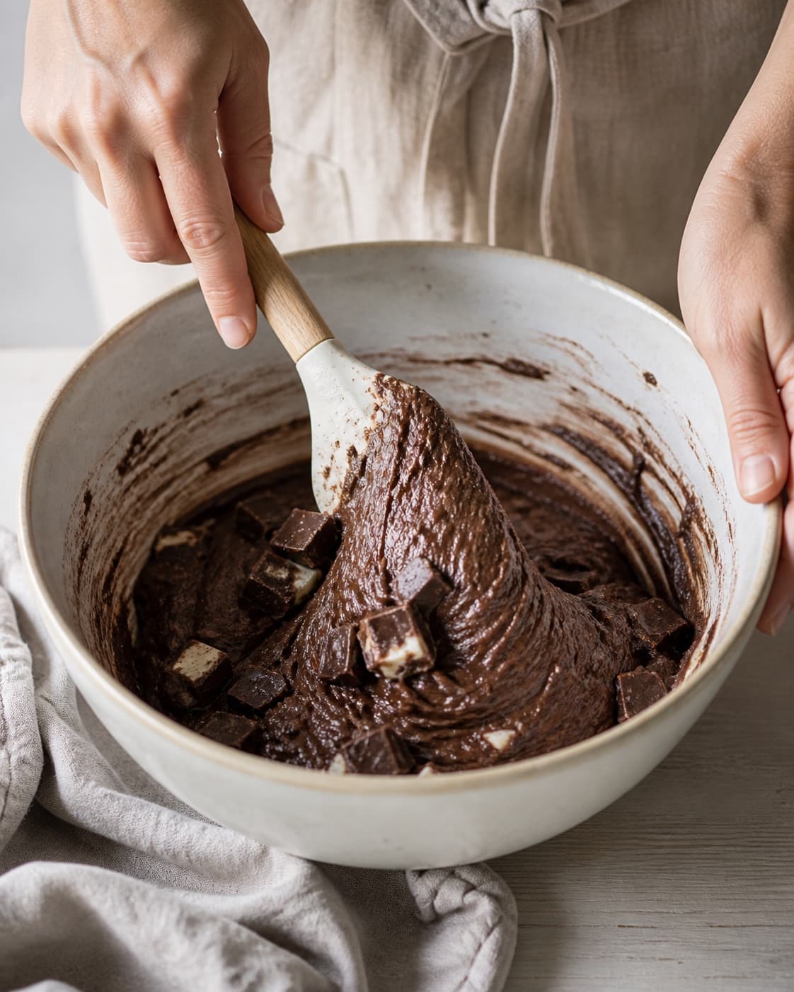 One single photorealistic instructional frame of thick muffin batter being gently folded for Tripple chokolade cupcakes, featuring hvedemel, kakaopulver, smør, with only the named equipment and no unrelated food, text, logos or packaging under tilberedningen af tripple chokolade cupcakes