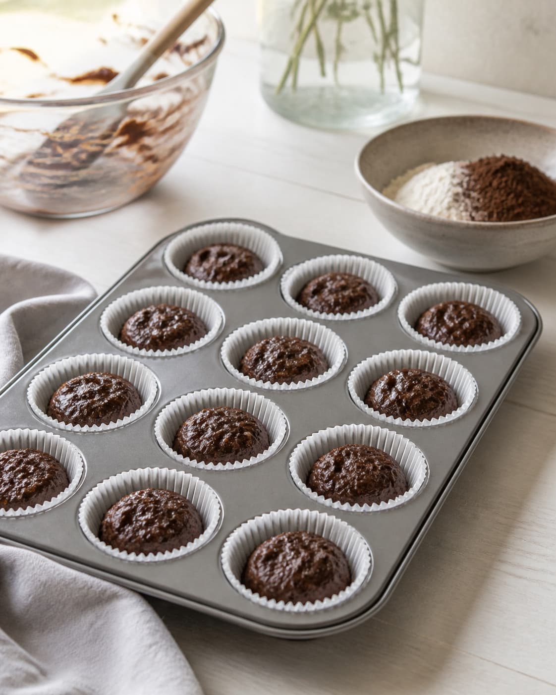 One single photorealistic instructional frame of equal muffin batter portions in one clean tray for Tripple chokolade cupcakes, featuring hvedemel, kakaopulver, smør, with only the named equipment and no unrelated food, text, logos or packaging under tilberedningen af tripple chokolade cupcakes