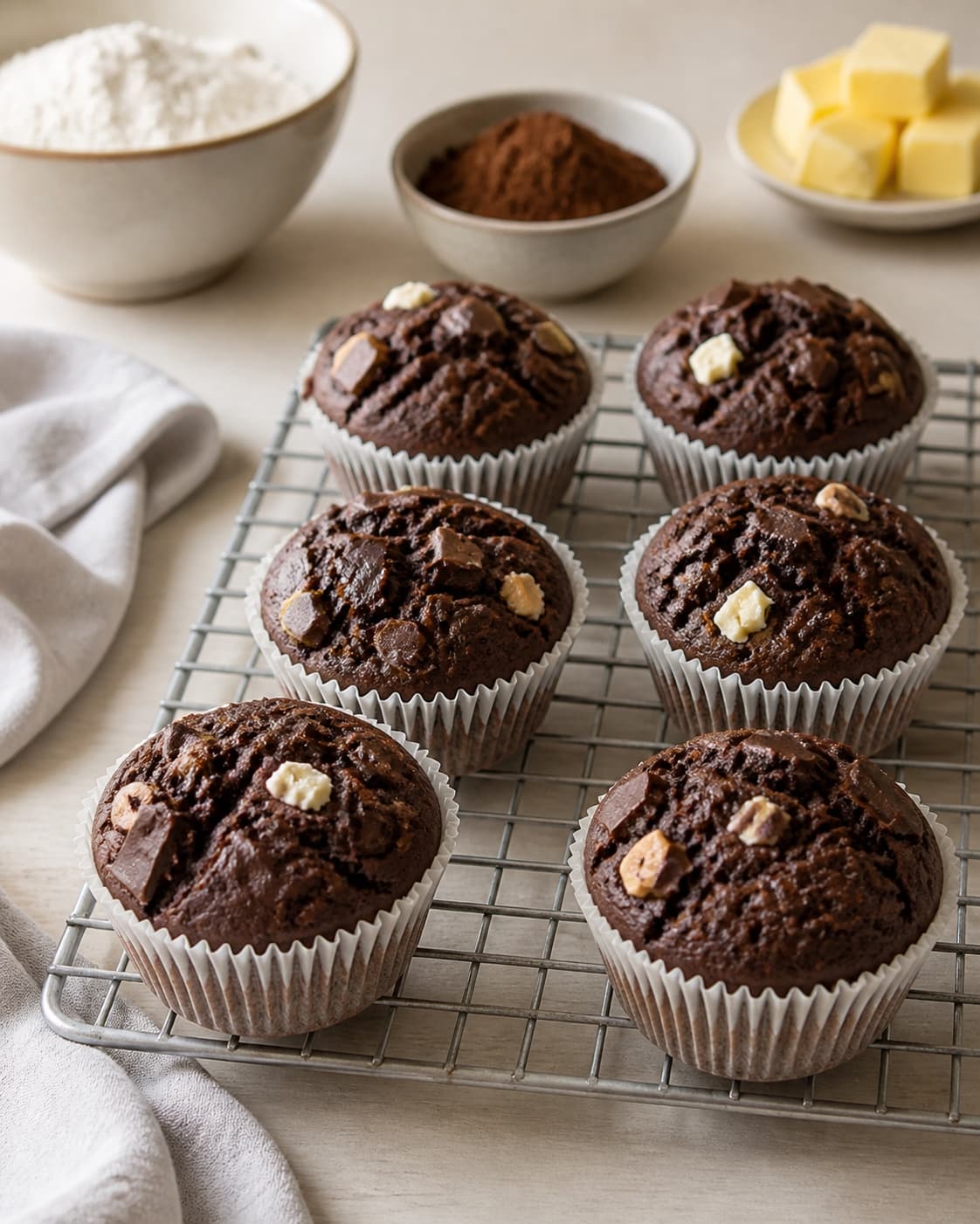 One single photorealistic instructional frame of freshly baked muffins cooling on one rack for Tripple chokolade cupcakes, featuring hvedemel, kakaopulver, smør, with only the named equipment and no unrelated food, text, logos or packaging under tilberedningen af tripple chokolade cupcakes