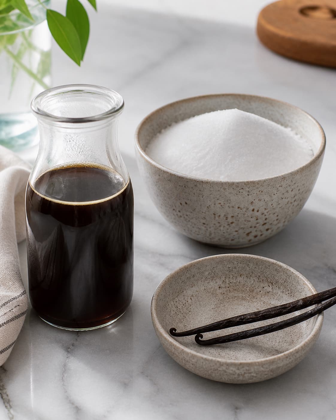 One single photorealistic instructional frame of sauce ingredients prepared in separate bowls for Kaffesirup, featuring stærk kaffe, sukker, vaniljestang, with only the named equipment and no unrelated food, text, logos or packaging under tilberedningen af kaffesirup
