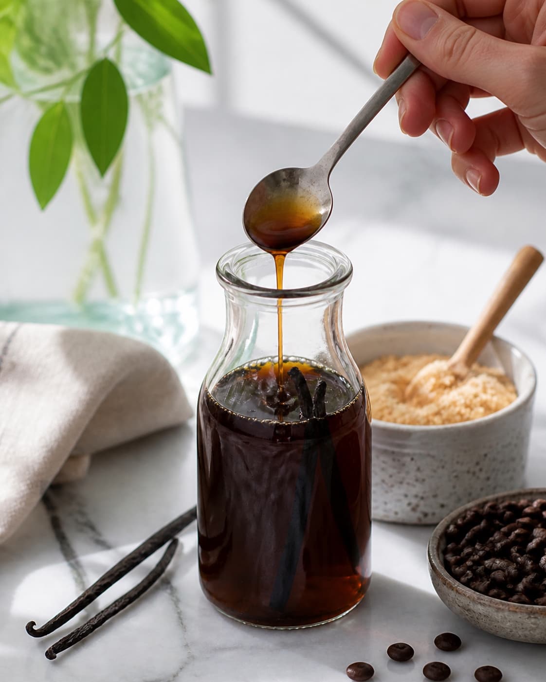 One single photorealistic instructional frame of the sauce consistency and seasoning being checked for Kaffesirup, featuring stærk kaffe, sukker, vaniljestang, with only the named equipment and no unrelated food, text, logos or packaging under tilberedningen af kaffesirup